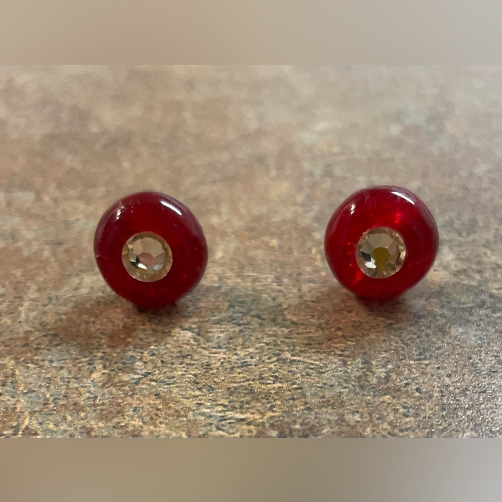 Handmade 18K Gold Plated Red Glass & Swarovski Crystal Stud Earrings